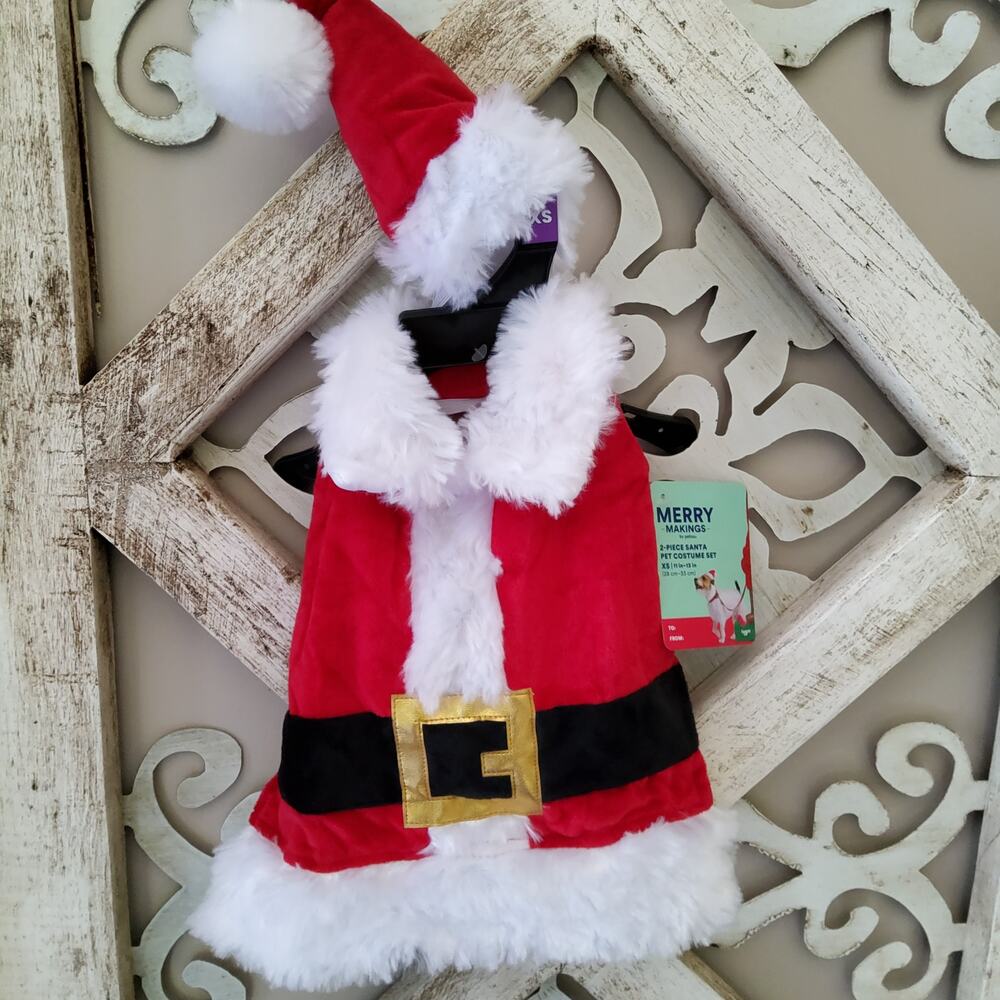 Petco 2 Piece Santa Clause Pet Costume Set XS Dog Clothes Hat Shirt Red & White